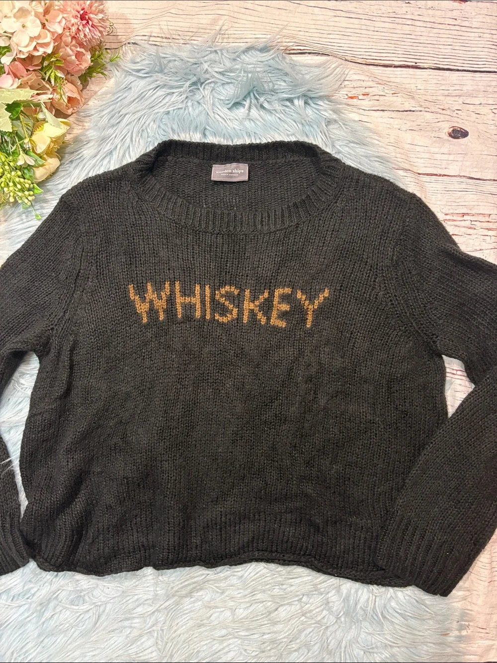 Wooden Ships Whiskey Cozy Knit Black Crew Neck Sweater